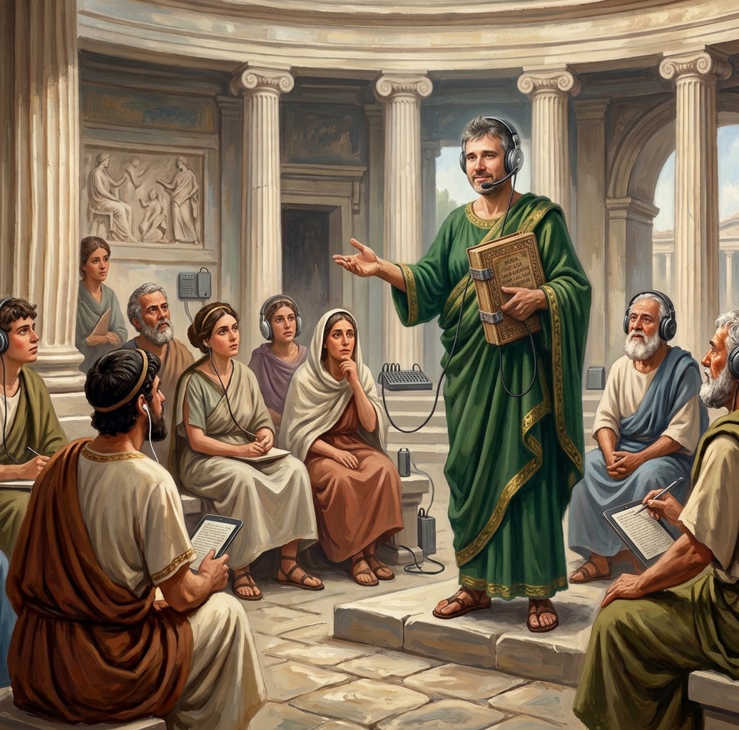 Illustrazione di un oratore con cuffie che racconta la filosofia a un pubblico in ascolto, in un'ambientazione classica con colonne